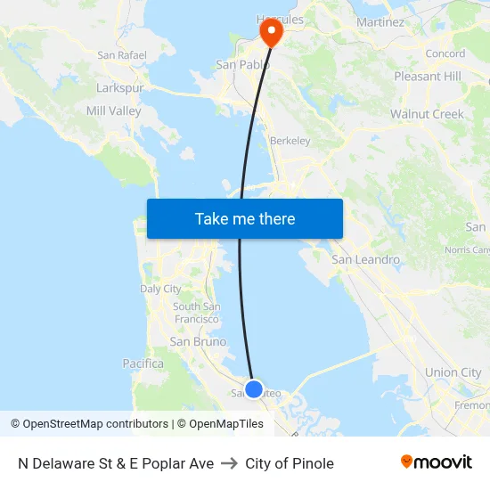 N Delaware St & E Poplar Ave to City of Pinole map