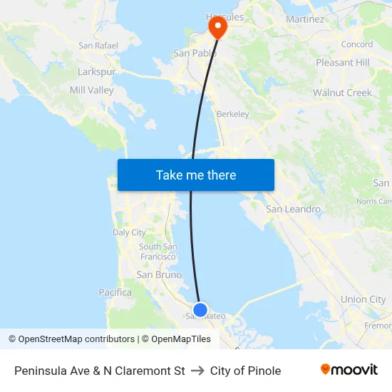 Peninsula Ave & N Claremont St to City of Pinole map