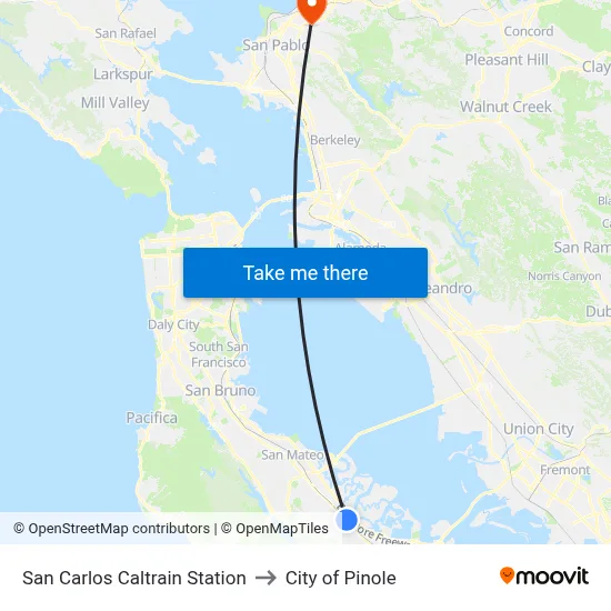 San Carlos Caltrain Station to City of Pinole map