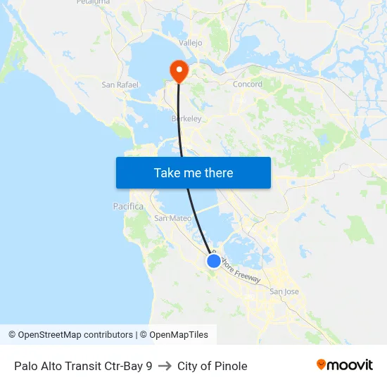 Palo Alto Transit Ctr-Bay 9 to City of Pinole map