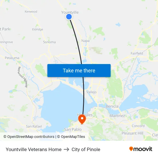 Yountville Veterans Home to City of Pinole map