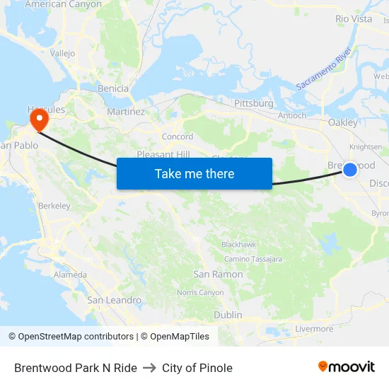 Brentwood Park N Ride to City of Pinole map