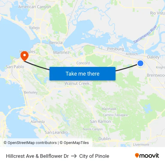 Hillcrest Ave & Bellflower Dr to City of Pinole map