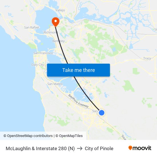 McLaughlin & Interstate 280 (N) to City of Pinole map