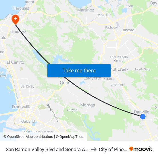 San Ramon Valley Blvd and Sonora Ave to City of Pinole map