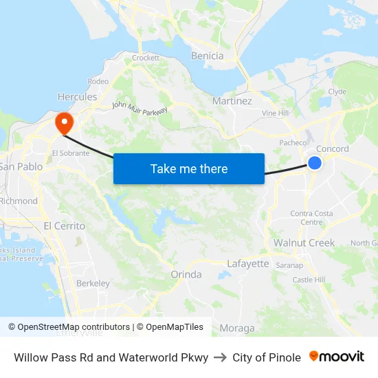 Willow Pass Rd and Waterworld Pkwy to City of Pinole map