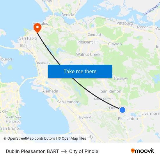 Dublin Pleasanton BART to City of Pinole map
