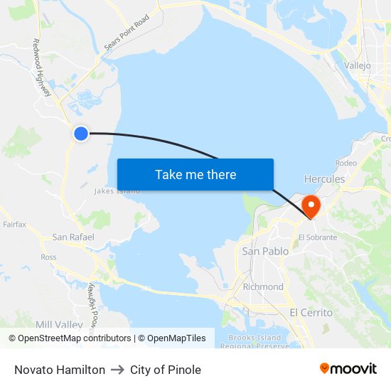 Novato Hamilton to City of Pinole map