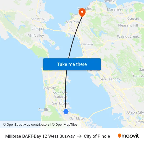 Millbrae BART-Bay 12 West Busway to City of Pinole map