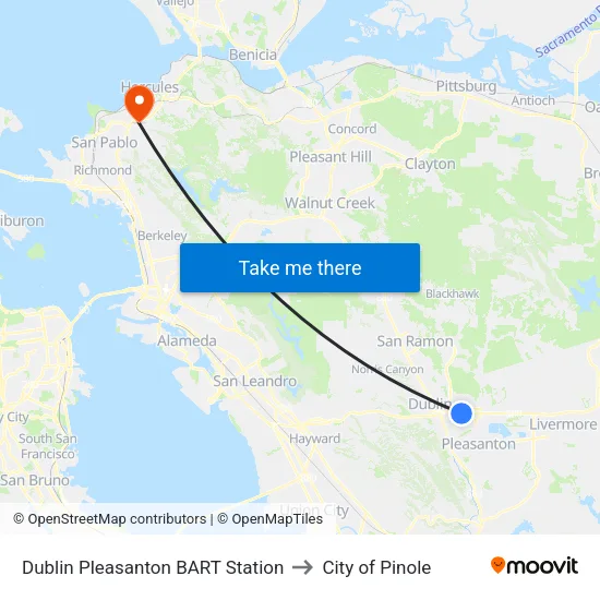 Dublin Pleasanton BART Station to City of Pinole map