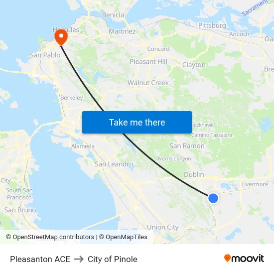 Pleasanton ACE to City of Pinole map