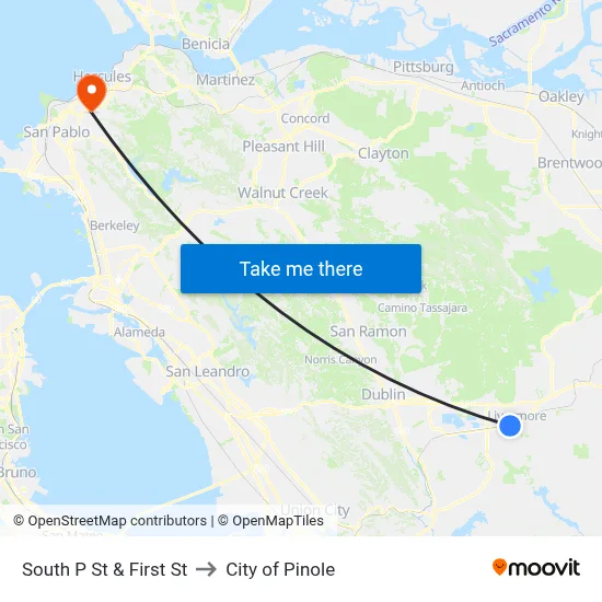 South P St & First St to City of Pinole map