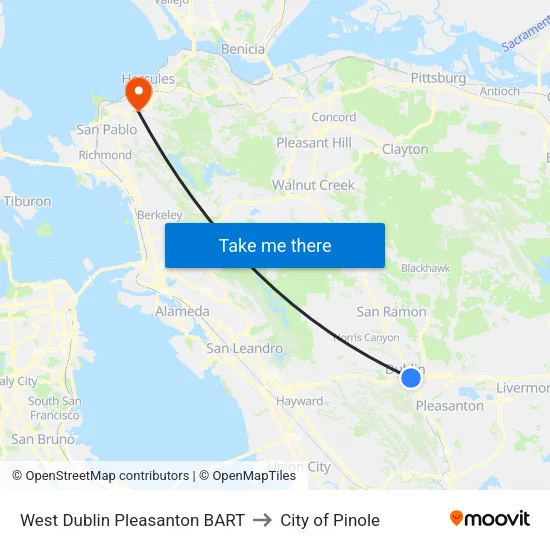 West Dublin/Pleasanton BART to City of Pinole map