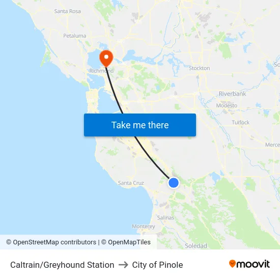 Caltrain/Greyhound Station to City of Pinole map