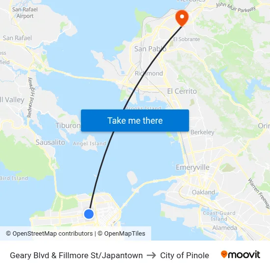 Geary Blvd & Fillmore St/Japantown to City of Pinole map