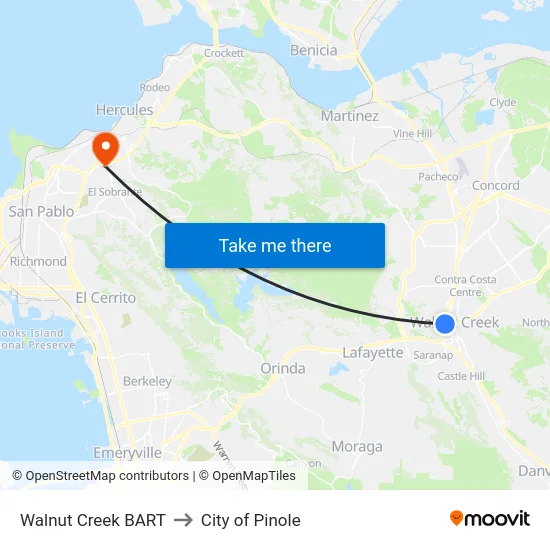 Walnut Creek BART to City of Pinole map
