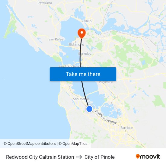 Redwood City Caltrain Station to City of Pinole map