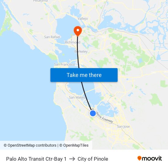 Palo Alto Transit Ctr-Bay 1 to City of Pinole map