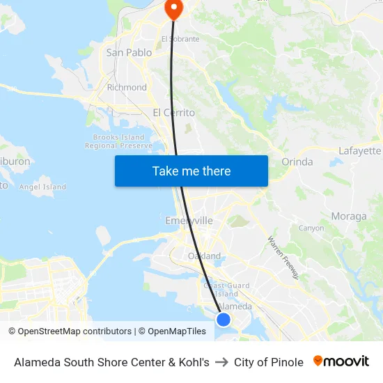 Alameda South Shore Center & Kohl's to City of Pinole map