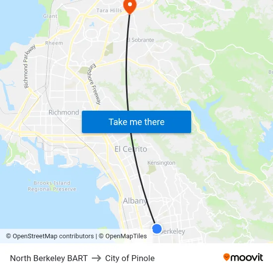 North Berkeley BART to City of Pinole map