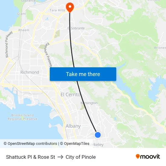 Shattuck Pl & Rose St to City of Pinole map