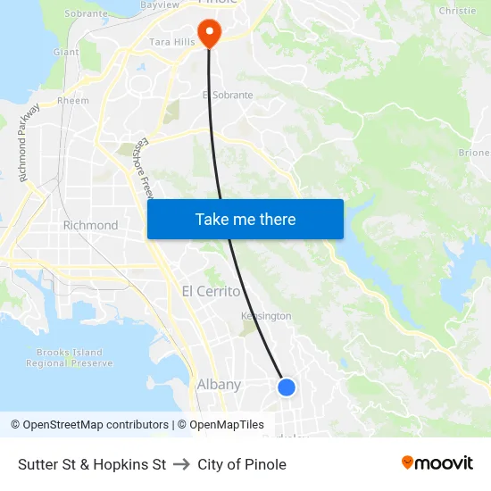 Sutter St & Hopkins St to City of Pinole map