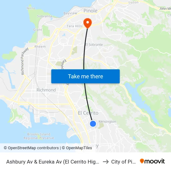 Ashbury Av & Eureka Av (El Cerrito High School) to City of Pinole map
