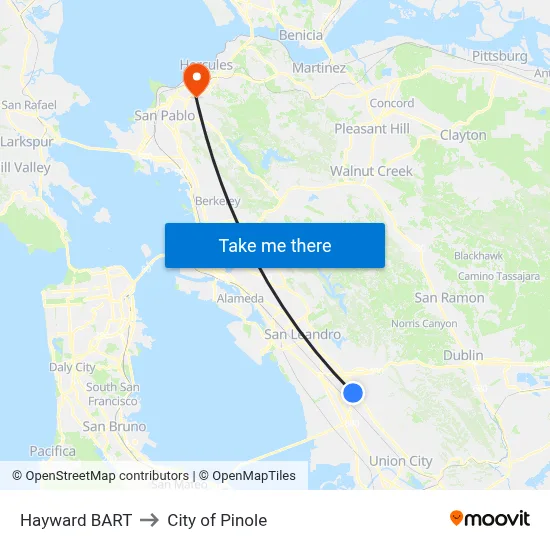 Hayward BART to City of Pinole map