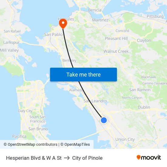 Hesperian Blvd & W A St to City of Pinole map