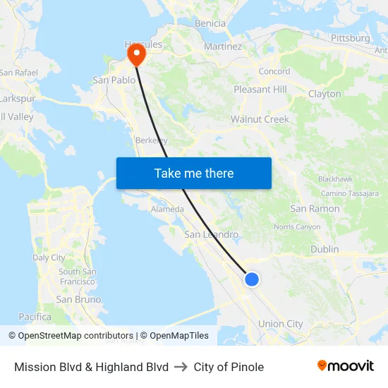 Mission Blvd & Highland Blvd to City of Pinole map