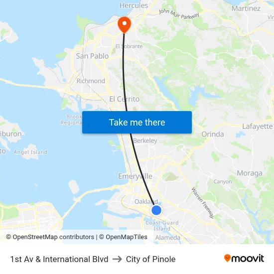 1st Av & International Blvd to City of Pinole map