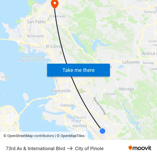 73rd Av & International Blvd to City of Pinole map
