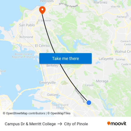 Campus Dr & Merritt College to City of Pinole map