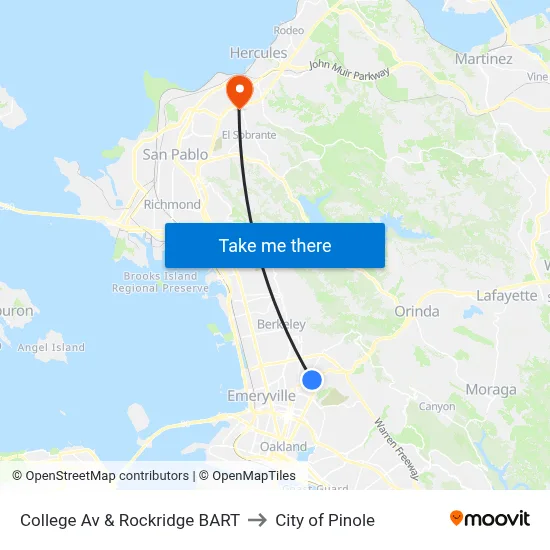 College Av & Rockridge BART to City of Pinole map