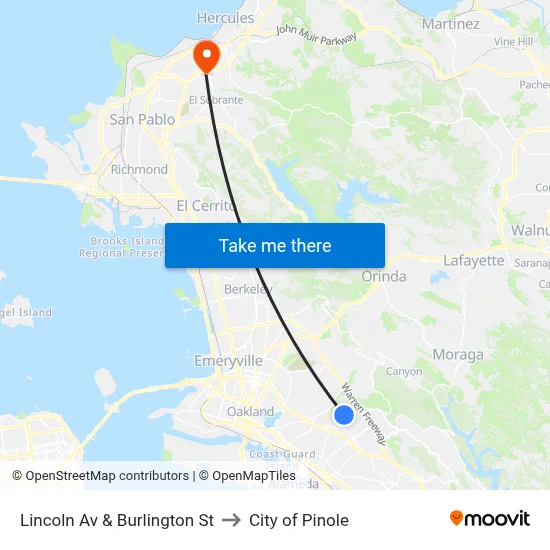 Lincoln Av & Burlington St to City of Pinole map