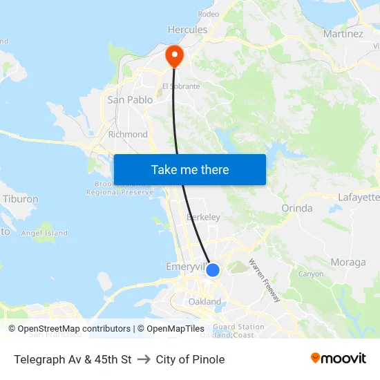 Telegraph Av & 45th St to City of Pinole map