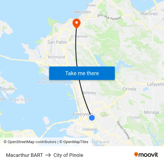 Macarthur BART to City of Pinole map