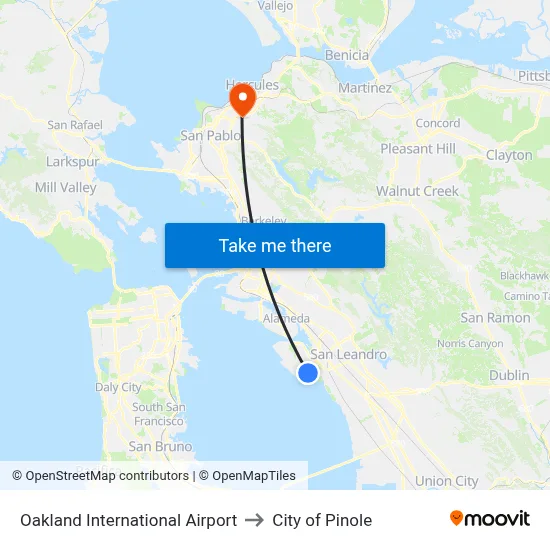 Oakland International Airport to City of Pinole map