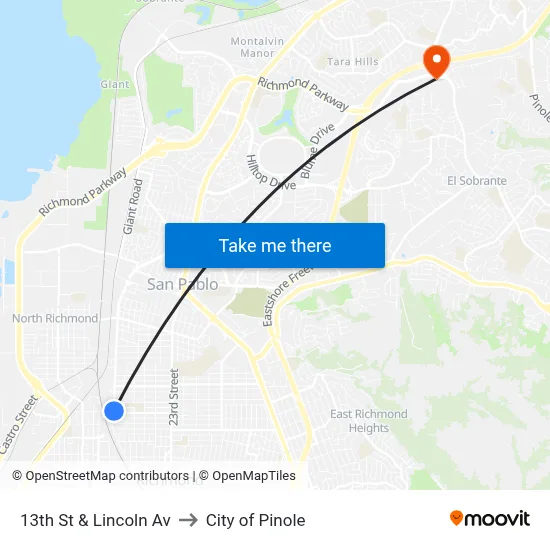 13th St & Lincoln Av to City of Pinole map