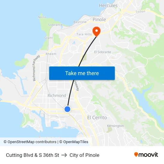 Cutting Blvd & S 36th St to City of Pinole map