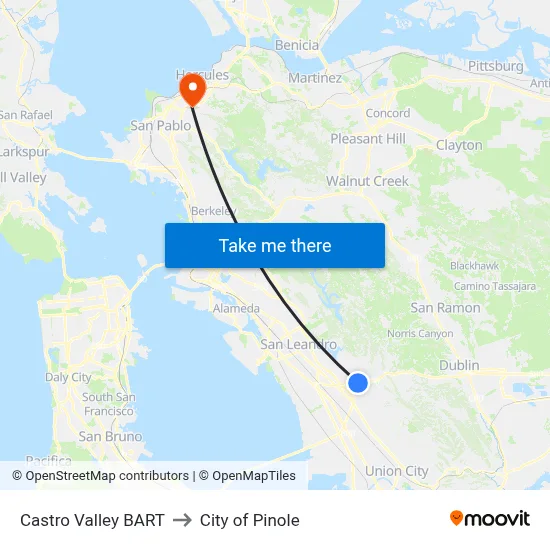 Castro Valley BART to City of Pinole map