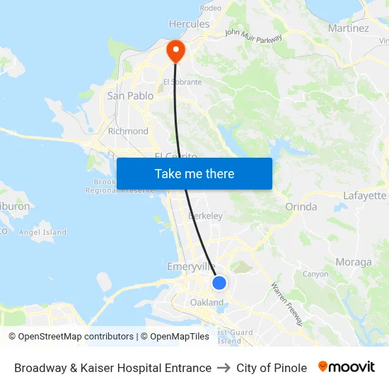Broadway & Kaiser Hospital Entrance to City of Pinole map