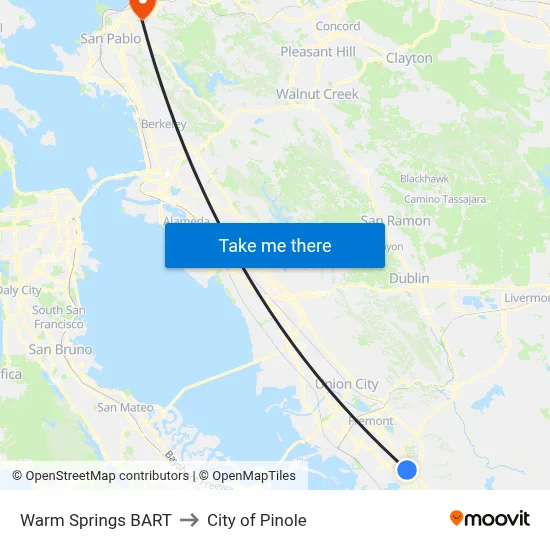 Warm Springs BART to City of Pinole map