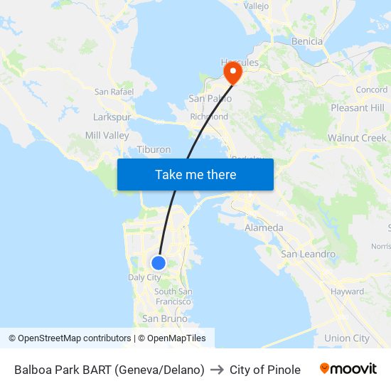 Balboa Park BART (Geneva/Delano) to City of Pinole map