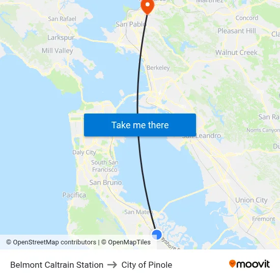 Belmont Caltrain Station to City of Pinole map