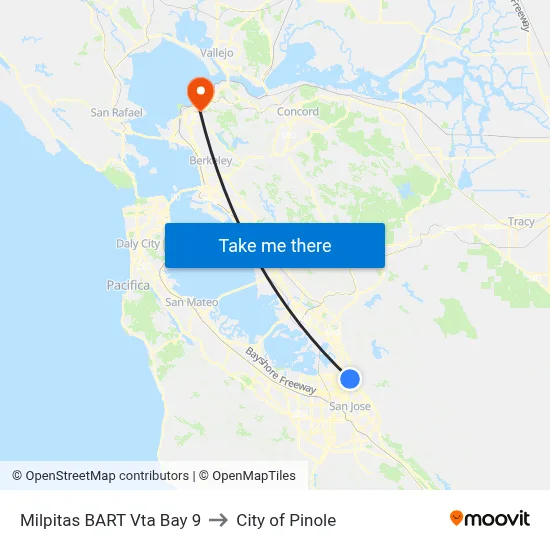 Milpitas BART Vta Bay 9 to City of Pinole map