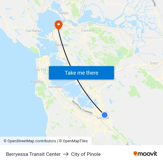 Berryessa Transit Center to City of Pinole map