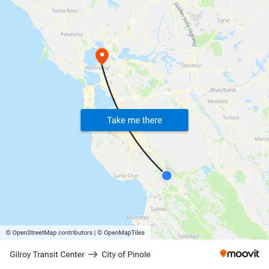Gilroy Transit Center to City of Pinole map