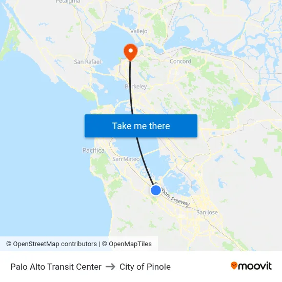Palo Alto Transit Center to City of Pinole map
