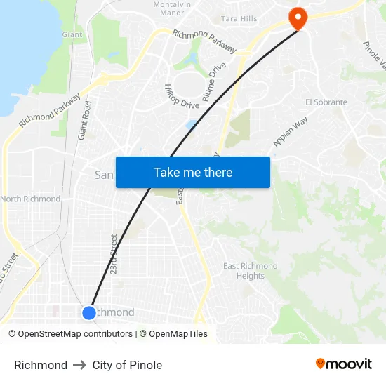 Richmond to City of Pinole map